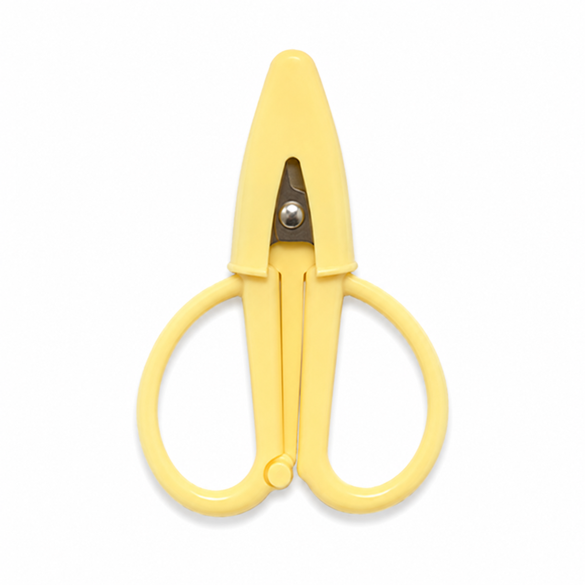 A pair of small utility scissors with a solid pale yellow plastic body and a silver metal pivot screw, shown against a plain white background.