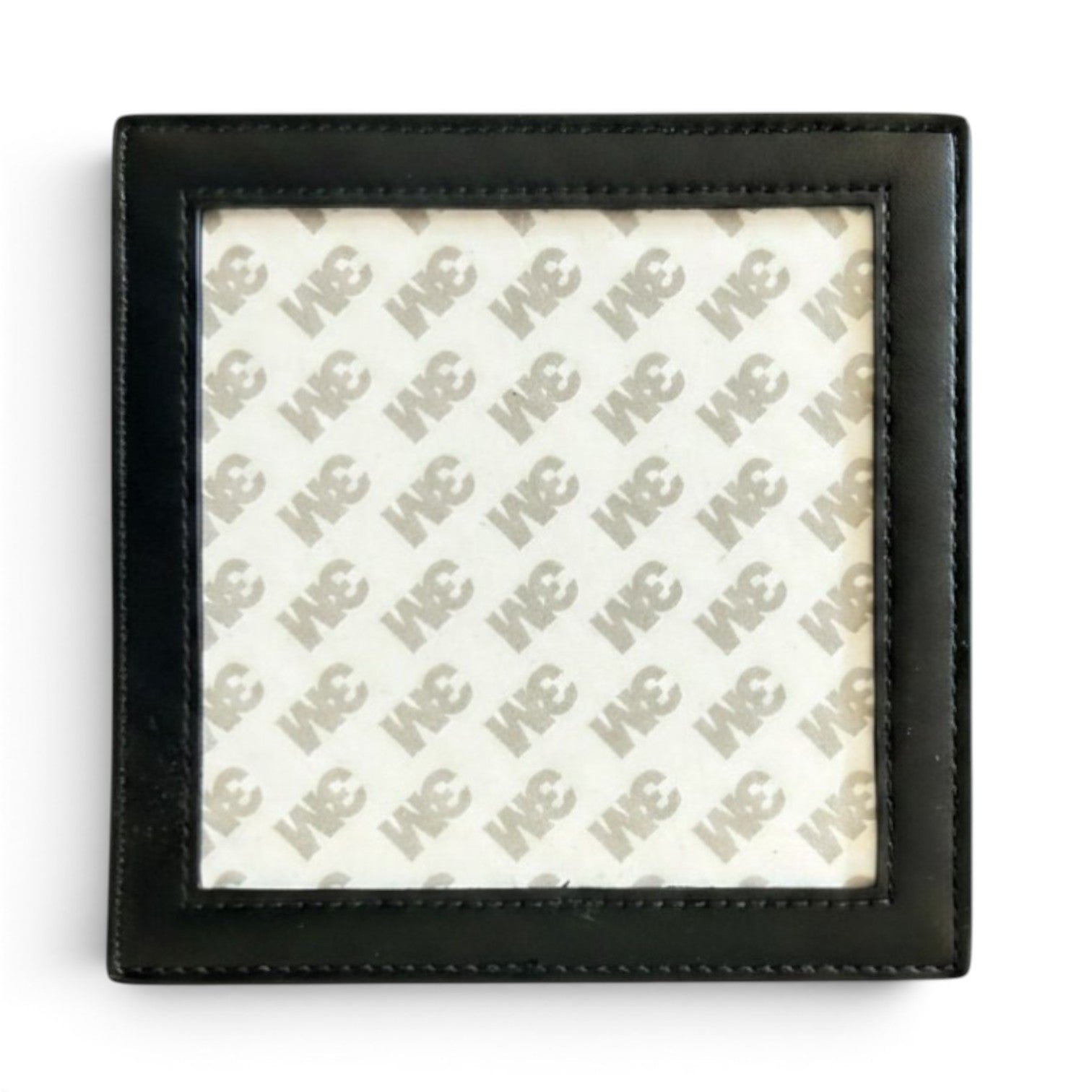 A square black faux-leather or leather frame with a clear top, showing a 3m backing, photographed on a white background.