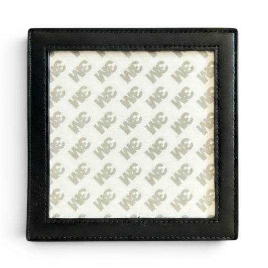 A square black faux-leather or leather frame with a clear top, showing a 3m backing, photographed on a white background.